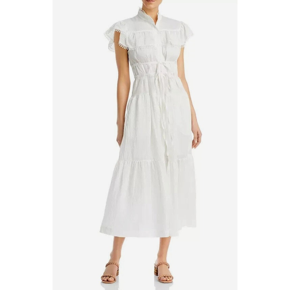 Sabina Musayev White Tiered Midi Dress Pom Pom Lace Trim Cap Sleeve Size M‎